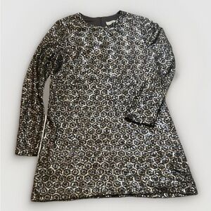 Zara W&B Sequin Short Shift Dress Silver Blue Long Sleeve sz L EUC